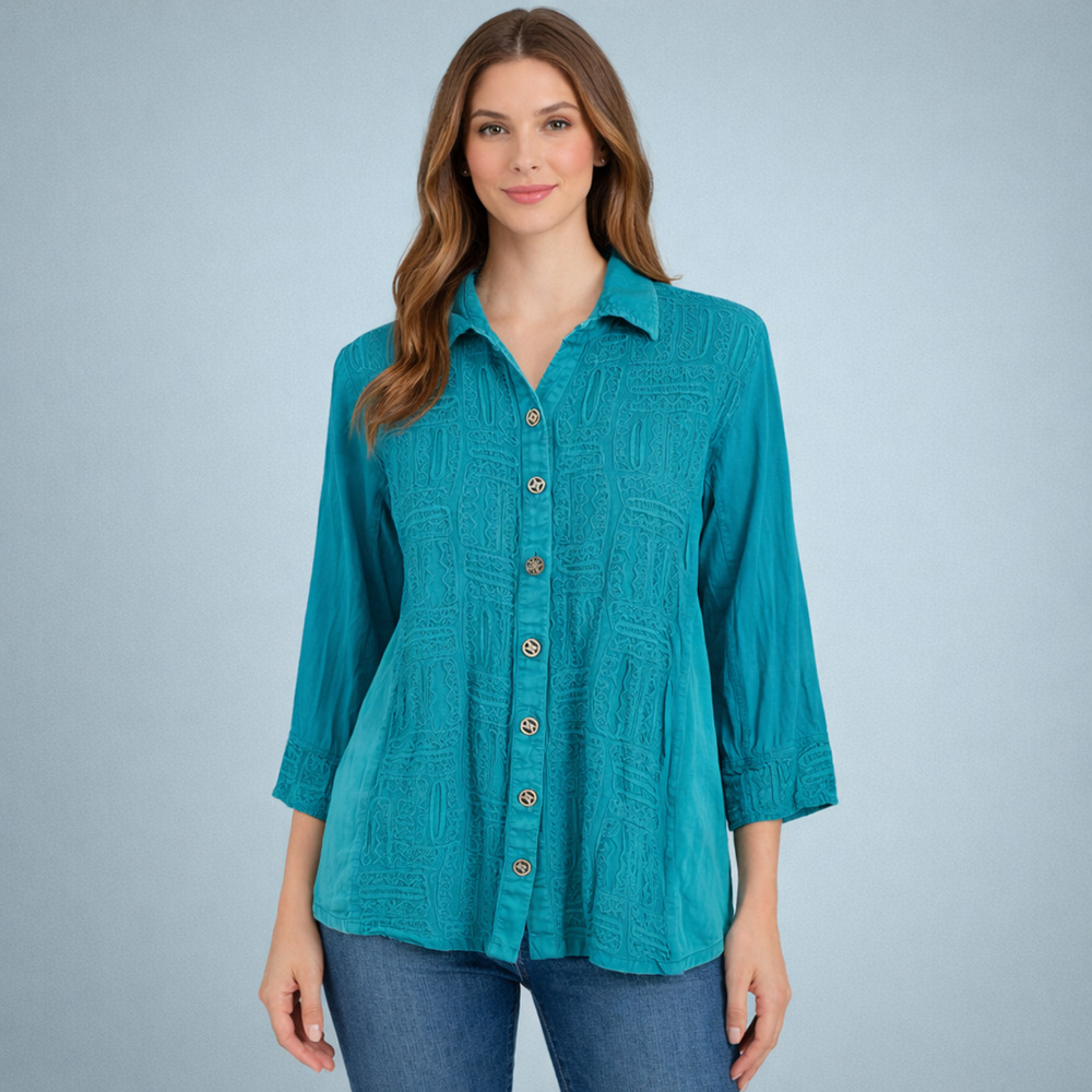 Parsley & Sage Size 1X Teal Blue Embroidered Print Button Long Sleeve Tunic Top